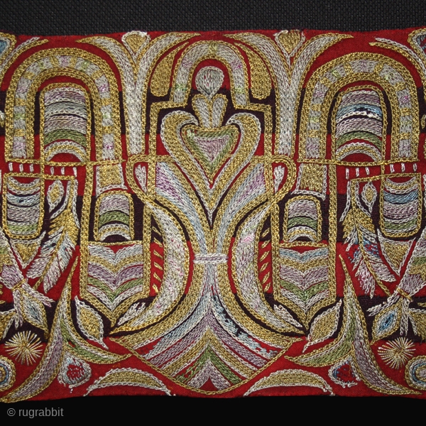 Embroidery fragment cod. 0581. Silk on silk. 19th. century. Albania. Very good condition. Dimension cm. 17 x 44 (7" x 17"). Backed with a black cotton textile and mounted on a wooden  ...