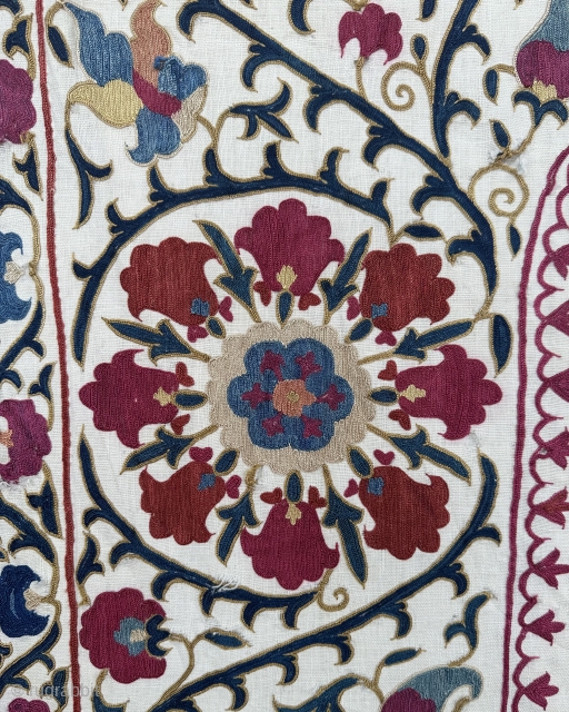 Beautiful antique Uzbek prayer arch nim suzani. 19th century. 151x90cm. Extra fine embroidery and richly dyed colours. Good condition apart from a few minor spots of edge damage. Email enquiries to owenrugs@gmail.com 