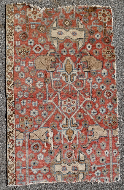 Uncommon early 19th c. Persian Heriz rug fragment. 3'-4" x 5'-4". Good colors including two true camel wool hues and uniform  medium pile.         