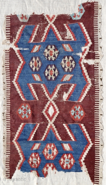 Transcendent 18th c. Anatolian Obruk kilim fragment (26"x 42"). Conserved & mounted on linen. Please email me directly: patrickpouler@gmail.com              
