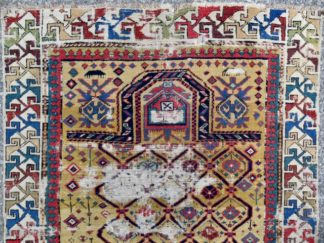 Small gold ground Caucasian Shirvan prayer rug (detail) from the James Dixon collection. Circa 1850. Please email: patrickpouler@gmail.com               