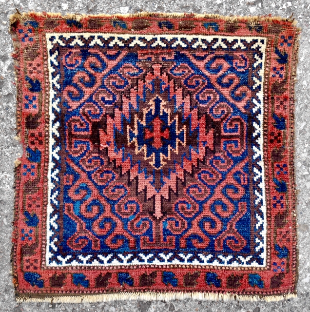 Classic Mushwani Baluch bagface with bold, symmetrical design and great color and wool. c. 1880.                  