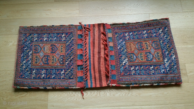 Caucasian or Azeri Khorjin.  Fine weave kelim construction. 
Intact with all ties. Colourful binding of selvages.
Back of bag shows some minor wear from use, but the front is fine.
21 inches wide–48  ...
