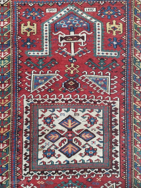 Fachralo Kazak prayer rug. Finely knotted, great colours with just a little re-piling.
173 x 107 5'8 x 3'6               