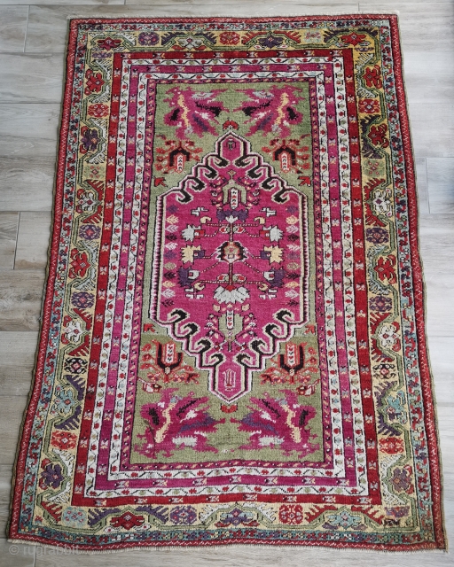 Kirsehir 177 x 127
Wonderfully soft wool and good pile. Some corrosion to the brown pile and a few minor repairs. A stunning little rug .        