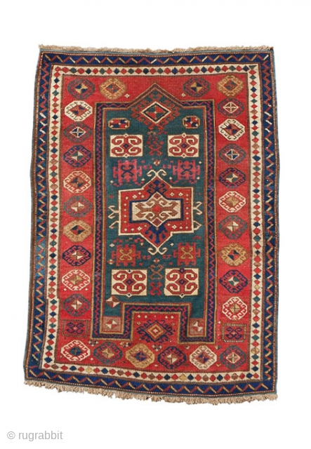 Beautiful and rare late 19th century green-background Fachralo rug. Green colour in wool requires two processes of dying: first yellow and then blue. This is why green is so rare in village  ...