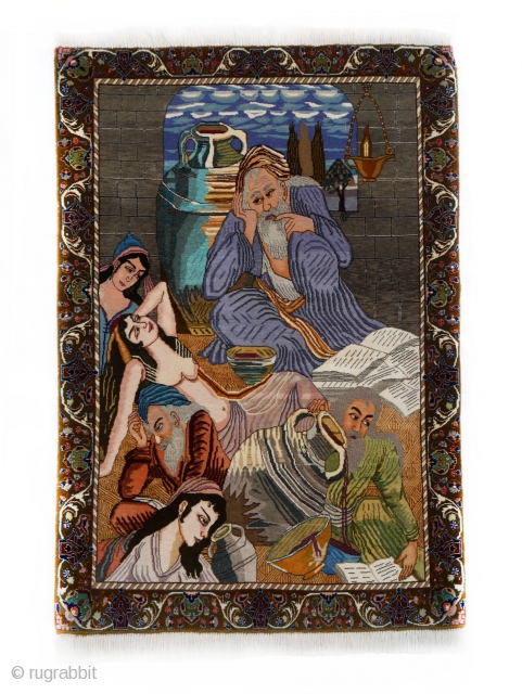 This a is a pictorial (tableau) Tabriz which likely illustrates the poem from The Rubayat by Omar Khayyám Size: 135x97cm 

‘It’s us and the musician and this ruined corner.
My soul, heart, place,  ...