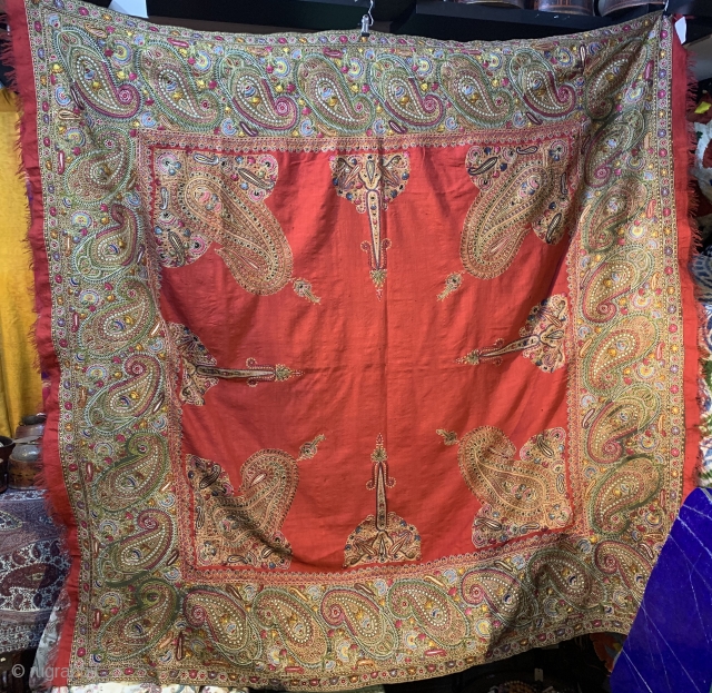 Exceptional Antique indian shawl embroidered rare red color                         