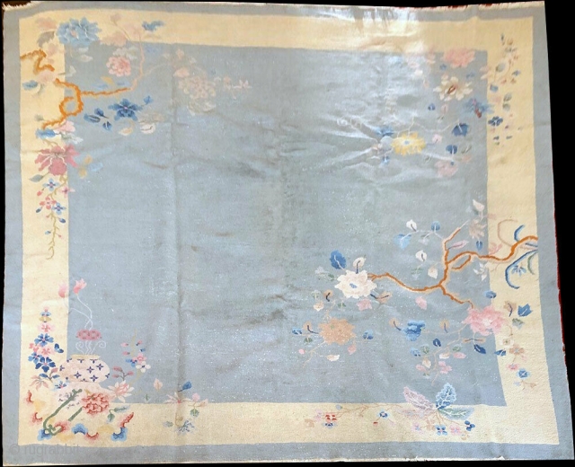 Nic3 1920 Art Deco Chinese. Condition, low even flat pile, shows wear but could be used as-is, Measures 9' x 10'.            