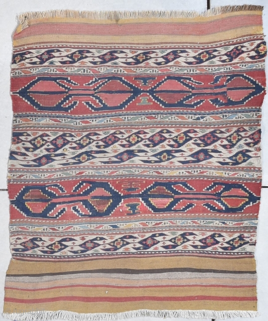 This end of the 19th century Shirvan Kilim #8031 rug measures 2’9” X 3’4”. It has red and white stripes. The ivory stripes are woven in Sumac motif. The red stripes are  ...