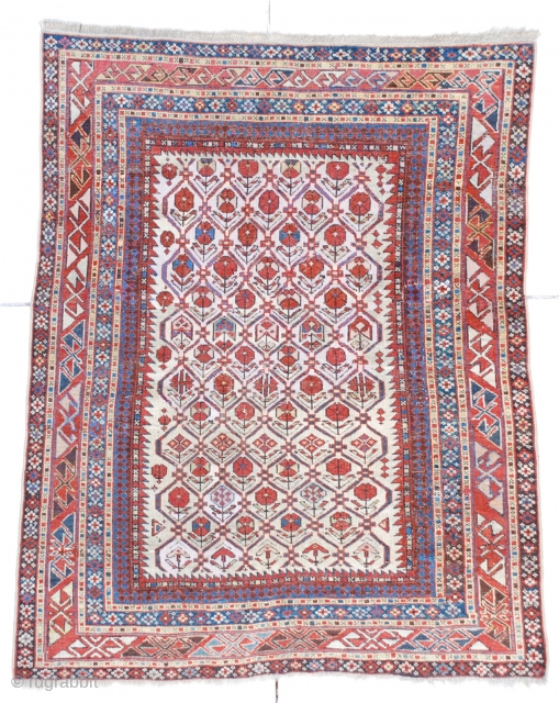 #6710 Shirvan antique rug This antique Shirvan measures size 3 ‘5” x 4’ 4”. This small collectible size rug is quite lovely. It has a very attractive ivory ground with latticework design,  ...