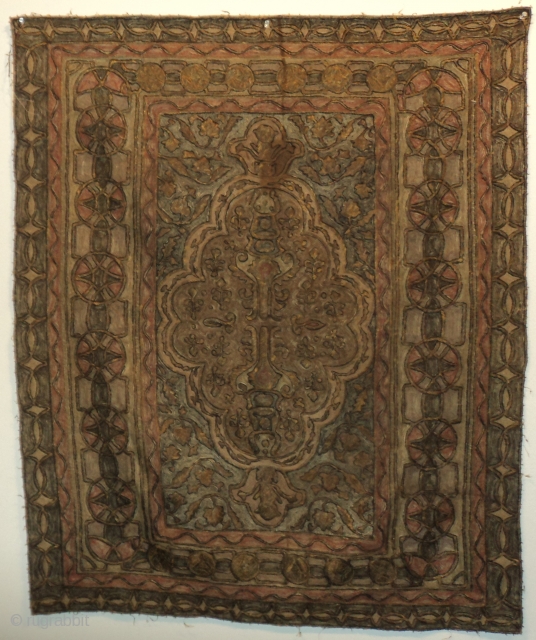 This 19th century Ottoman embroidery done in metal measures 3’2” x 3’9” (97 x 118 cm). The metal seems to be a low carat gold. The motif  is a medallion with  ...