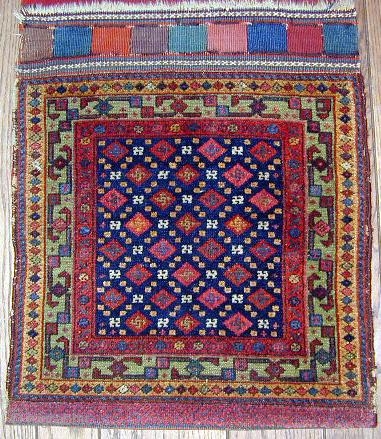 Complete Pair of finely woven N.Persian Pile Bags with corrosive green,excellent pile, extraordinary flat woven decorated kelim backs. 19th. century
             