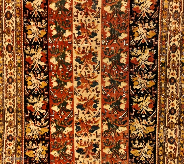 Quashquai rug with Gul Farangi style composition but also delightful, classic animal motifs. Sparkly cotton whites. Has its own distinct charm. Finely woven with floppy handle. Details, more pics on request.  