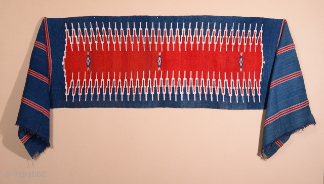 130 x 27 inches, large antique Ottoman Syrian shawl made of cotton AND wool (the red is wool and the rest is cotton). 
Beautiful condition and colors. Clean.     