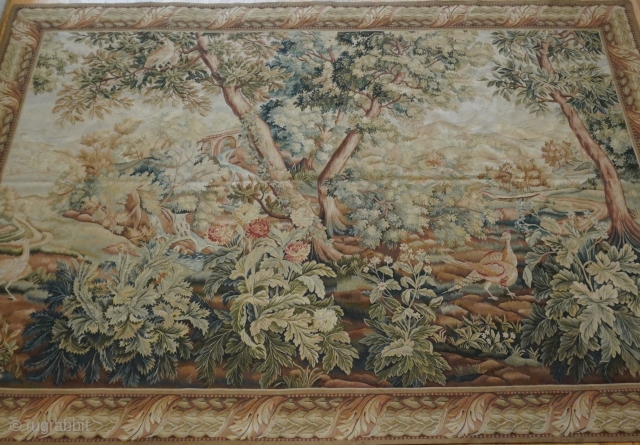Gorgeous Antique handmade French Tapesry Landcape with birds & trees size is 7'2" x 10' ft, wonderful condition.               