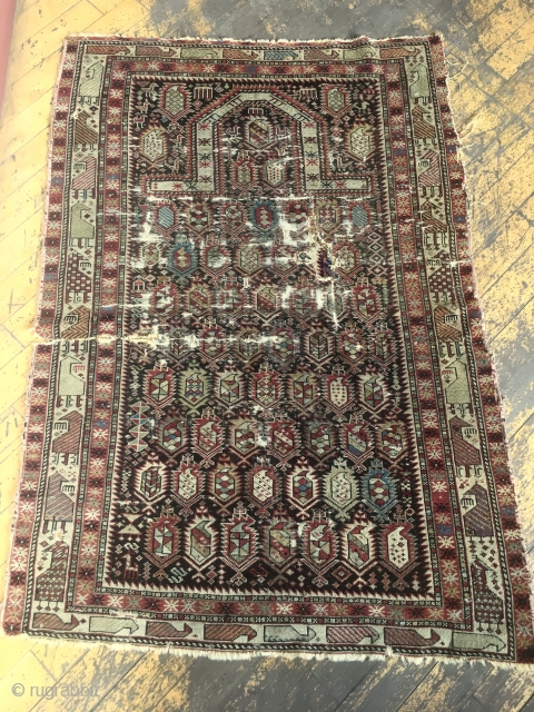 Antique Caucasian shirvan marasali prayer rug. Iconic border. Genuine example in very dirty, very abused condition. Obvious heavy wear and scattered damage as shown. Not restorable. Priced accordingly. 19th c. 3'6" x  ...