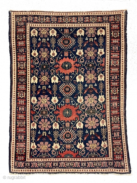 Antique Persian Senneh rug with an attractive and uncommon field design. Overall good condition for the age with nice even low pile. Lovely colors. I don’t see any repairs. Reasonably clean. Fresh  ...