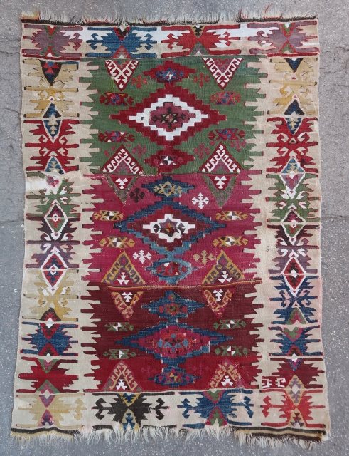 Old and colorful small Reyhanli kilim from Anatolia (115 cm. x 82 cm.)
Rare domestic weaving with wonderful dyes. Could make a great addition to a collection, or/and a unique and colorful decorative  ...