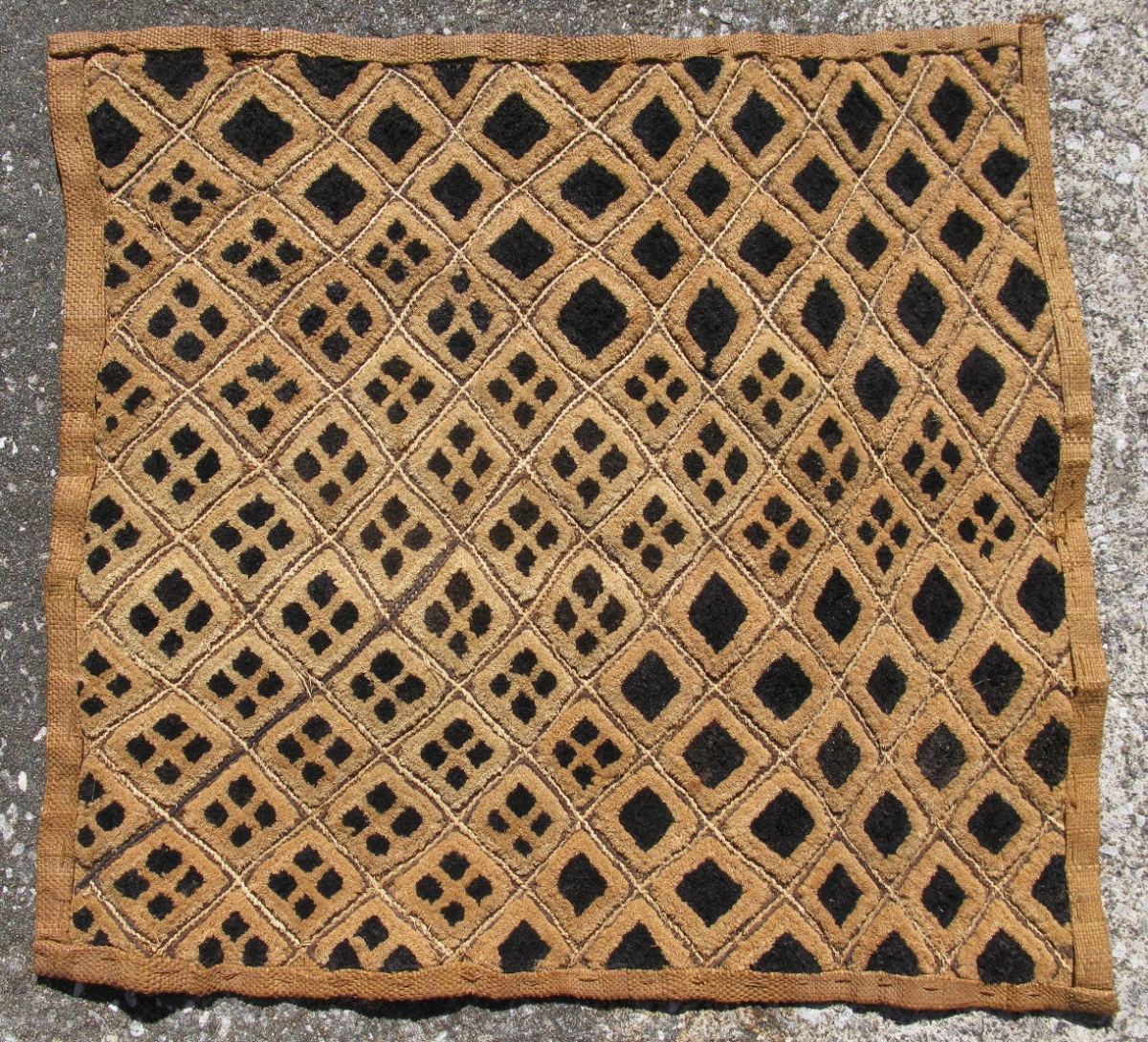 African Kuba raffia cloth, hand woven palm fiber, cutloop pile embroidery and flat stitch