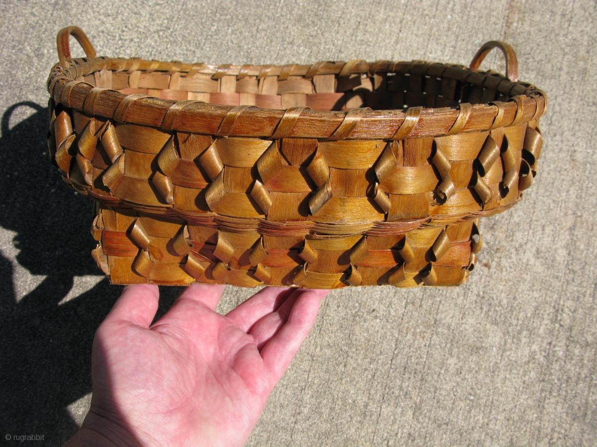 Antique Micmac basket, also Mi'Kmaq, hand woven ash splints, some dyed red and faded, it appears
