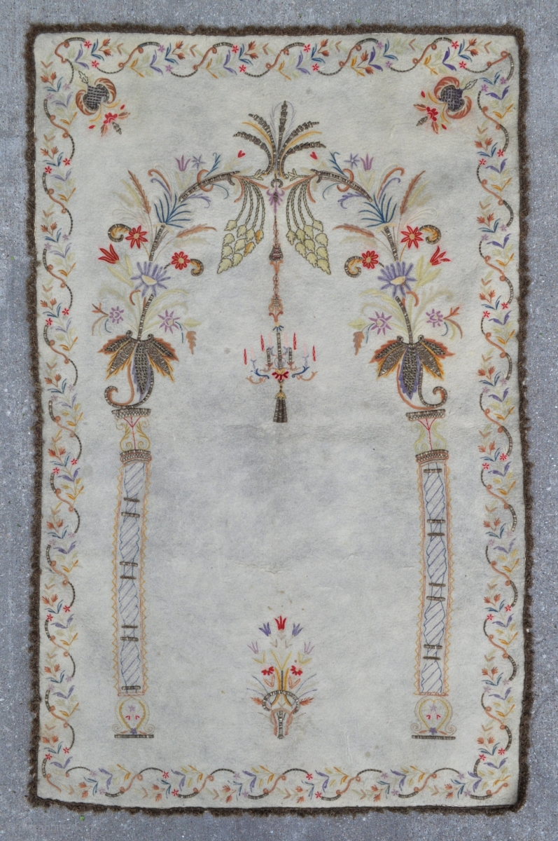 Ottoman Embroidery Prayer rug silk and metal thread on felt usually