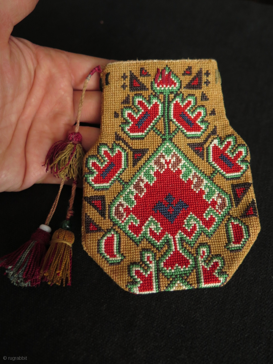 Uzbekistan Lakai silk cross stitch embroidered pouch. Size 5.5" x 4