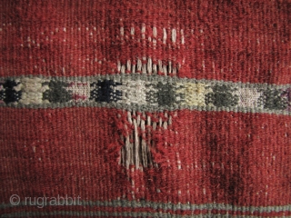 Rawang Nung Blanket: Rare and unusual 3 paneled piled blanket from the Rawang ethnic group in the Kachin State, Burma. The ground is woven from hemp, the reddish head ends are dog  ...