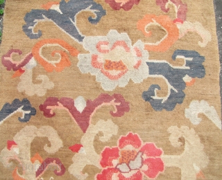 



Tibetan Khaden rug with auspicious bats and scrolling peony pattern.  L: 160cm/62in and W: 94cm/37in. Undyed wool warp and weft and the pile may be possibly undyed as well, quite unusual  ...