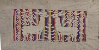 Large textile from Laos with a “void” silhouette deer pattern . The colored threads are silk, while the field and border are all handspun cotton, the border may be some sort of  ...