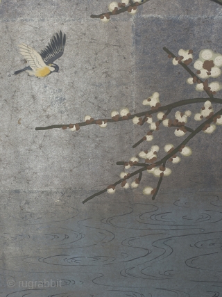 A lovely two panel silver leaf screen, circa 1860. 90cm wide x 75cm tall (36 x 30 inches)

The small bird flies low above a river, a simple wash of colour blended into  ...