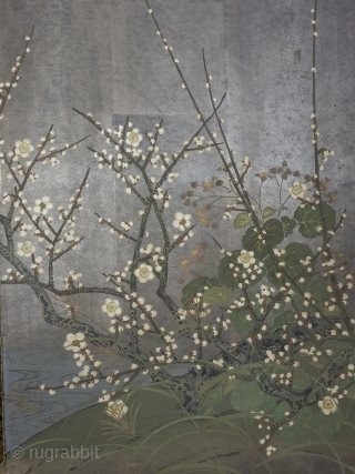 A lovely two panel silver leaf screen, circa 1860. 90cm wide x 75cm tall (36 x 30 inches)

The small bird flies low above a river, a simple wash of colour blended into  ...