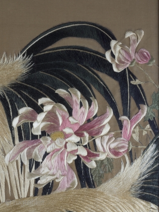 Exceptional Framed Meiji Embroidery

A large framed embroidery from Meiji Japan (1868 - 1912) featuring a family of hens amongst Peonies, the expert use of negative space making it reminiscent of the best Kacho-e woodblock prints.

An  ...