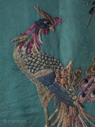 Unusual Chinese "100 birds" silk embroidery dating to late 19th century. The execution is charming and playful in a way we haven't seen on any other examples and the green ground is  ...
