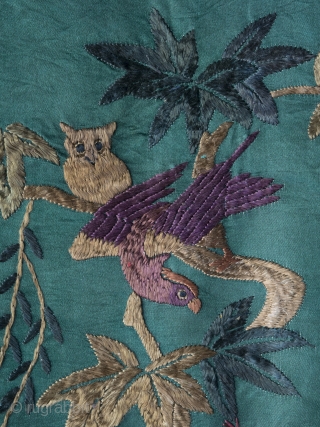 Unusual Chinese "100 birds" silk embroidery dating to late 19th century. The execution is charming and playful in a way we haven't seen on any other examples and the green ground is  ...