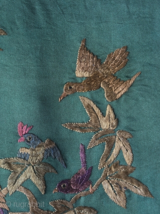 Unusual Chinese "100 birds" silk embroidery dating to late 19th century. The execution is charming and playful in a way we haven't seen on any other examples and the green ground is  ...
