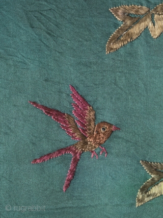 Unusual Chinese "100 birds" silk embroidery dating to late 19th century. The execution is charming and playful in a way we haven't seen on any other examples and the green ground is  ...