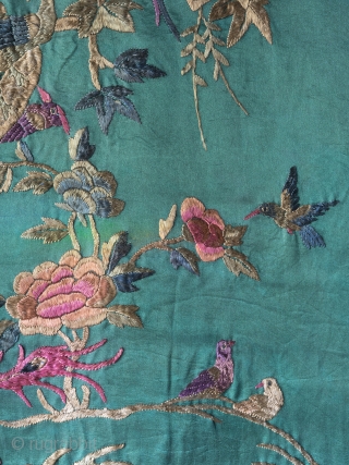 Unusual Chinese "100 birds" silk embroidery dating to late 19th century. The execution is charming and playful in a way we haven't seen on any other examples and the green ground is  ...