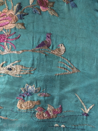 Unusual Chinese "100 birds" silk embroidery dating to late 19th century. The execution is charming and playful in a way we haven't seen on any other examples and the green ground is  ...