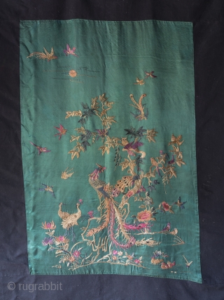 Unusual Chinese "100 birds" silk embroidery dating to late 19th century. The execution is charming and playful in a way we haven't seen on any other examples and the green ground is  ...