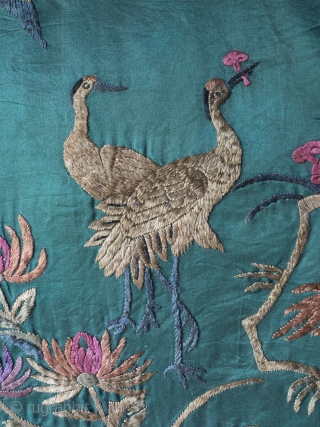Unusual Chinese "100 birds" silk embroidery dating to late 19th century. The execution is charming and playful in a way we haven't seen on any other examples and the green ground is  ...