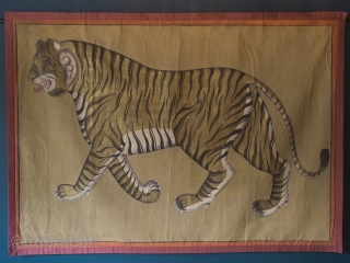 A highly decorative and very rare Indian Tiger painting. Gilt and oil pigments on cotton cloth.  150cm x 106cm (59 x 42 inches)

The painting is part of a tradition going back to  ...