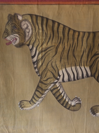 A highly decorative and very rare Indian Tiger painting. Gilt and oil pigments on cotton cloth.  150cm x 106cm (59 x 42 inches)

The painting is part of a tradition going back to  ...