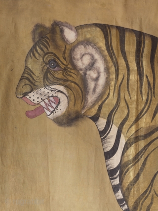 A highly decorative and very rare Indian Tiger painting. Gilt and oil pigments on cotton cloth.  150cm x 106cm (59 x 42 inches)

The painting is part of a tradition going back to  ...