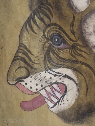 A highly decorative and very rare Indian Tiger painting. Gilt and oil pigments on cotton cloth.  150cm x 106cm (59 x 42 inches)

The painting is part of a tradition going back to  ...