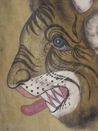 A highly decorative and very rare Indian Tiger painting. Gilt and oil pigments on cotton cloth.  150cm x 106cm (59 x 42 inches)

The painting is part of a tradition going back to  ...