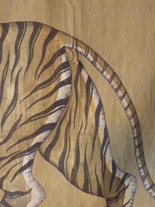 A highly decorative and very rare Indian Tiger painting. Gilt and oil pigments on cotton cloth.  150cm x 106cm (59 x 42 inches)

The painting is part of a tradition going back to  ...