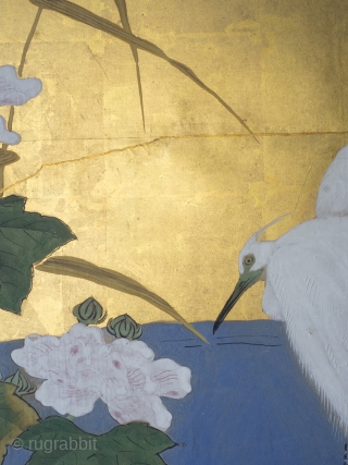 Late Edo/early Meiji period four leaf byobu screen featuring a particularly striking design of water birds and foliage along a stream. 168cm x 254cm (66inches x 100 inches). Unknown Kano school painter, circa  ...