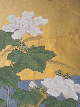 Late Edo/early Meiji period four leaf byobu screen featuring a particularly striking design of water birds and foliage along a stream. 168cm x 254cm (66inches x 100 inches). Unknown Kano school painter, circa  ...