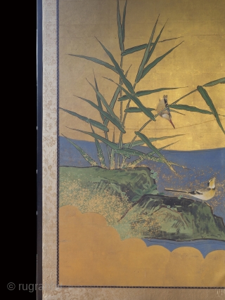 Late Edo/early Meiji period four leaf byobu screen featuring a particularly striking design of water birds and foliage along a stream. 168cm x 254cm (66inches x 100 inches). Unknown Kano school painter, circa  ...